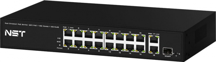 PoE коммутатор Fast Ethernet на 16 x RJ45 PoE + 2 x RJ45 GE + 1 SFP GE порта NST NS-SW-16F3G-P