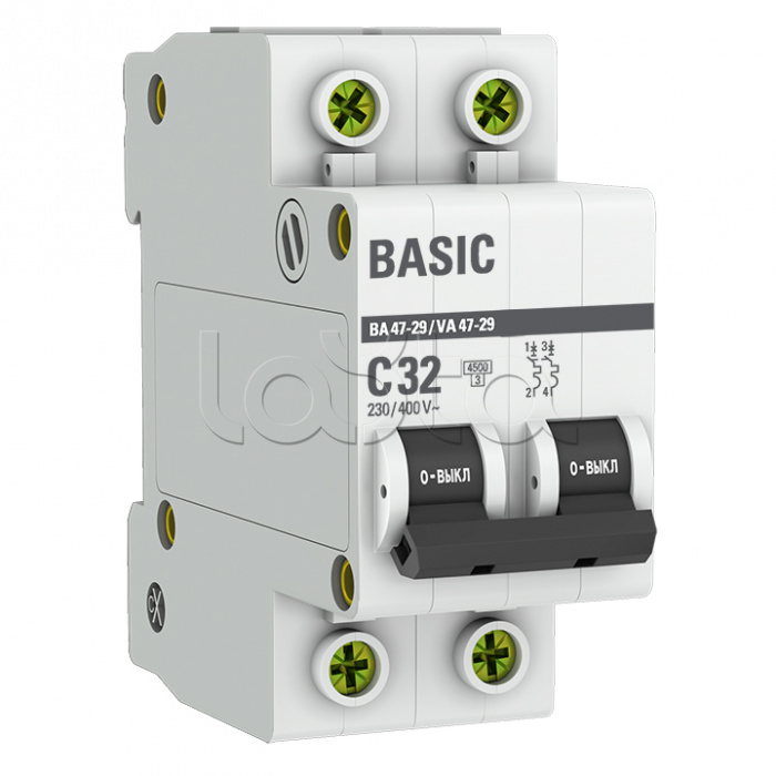 Автоматический выключатель 2P 32А (C) 4,5кА ВА 47-29 EKF Basic (mcb4729-2-32C)