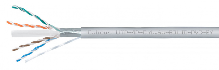 Кабель LAN UTP (U/UTP), кат. 6A, 4x2x23AWG, PVC нг(А)-LS, серый (305м) Cabeus (UTP-4P-Cat.6a-SOLID-PVC-GY)