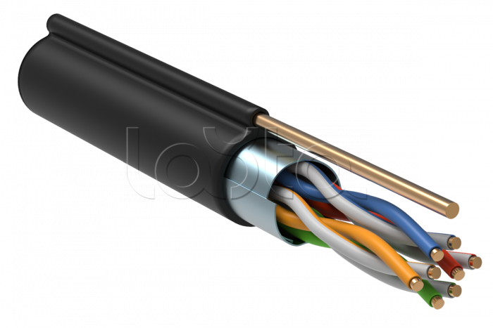 Кабель витая пара F/UTP, 4 пары, категория 5e, одножильный (solid), чистая медь (BC), 24 AWG (0,51 мм), экранированный, внешний с тросом, PE,черный, 305 м.