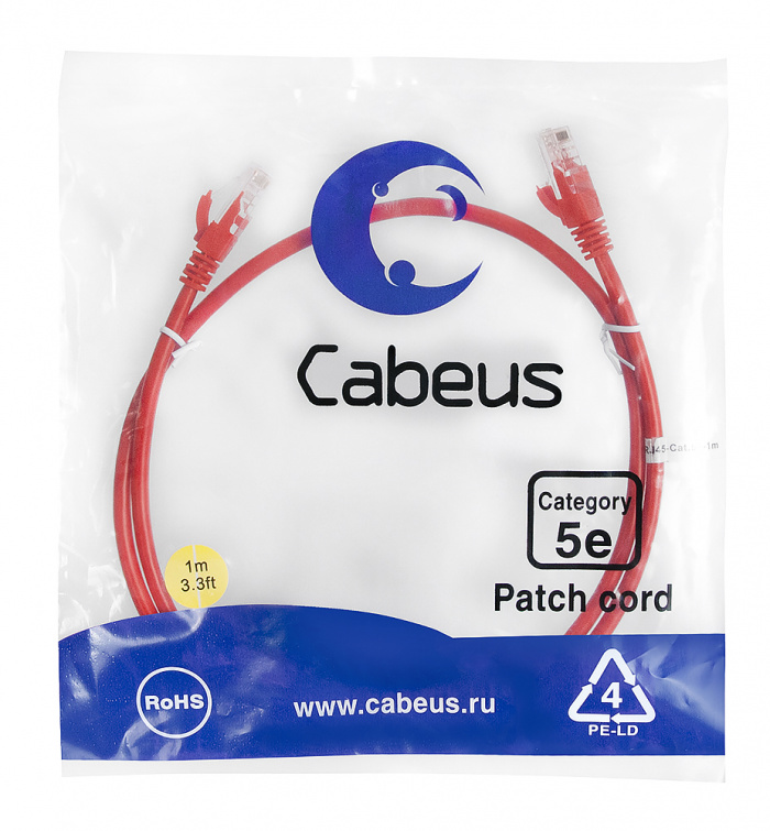 Патч-корд медный U/UTP кат.5е (1м) LSZH (красный) Cabeus (PC-UTP-RJ45-Cat.5e-1m-RD-LSZH)