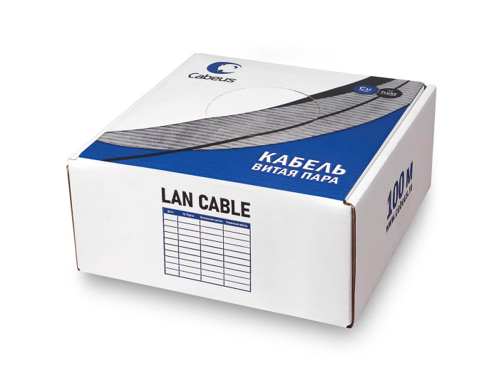 Кабель LAN FTP (F/UTP), кат.5e, 4x2x24AWG серый, экран нг(А)-LSLTx, (100м) Cabeus (FTP-4P-Cat.5e-SOLID-LSLTx-GY-100)